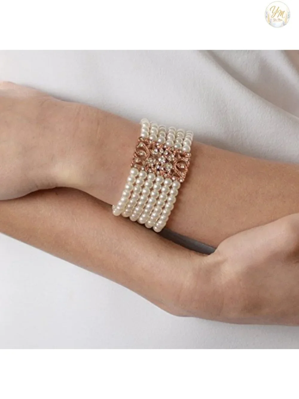 14K Rose Gold Plated Stretch Cuff Bracelet with Crystal Accents, Vintage Bridal